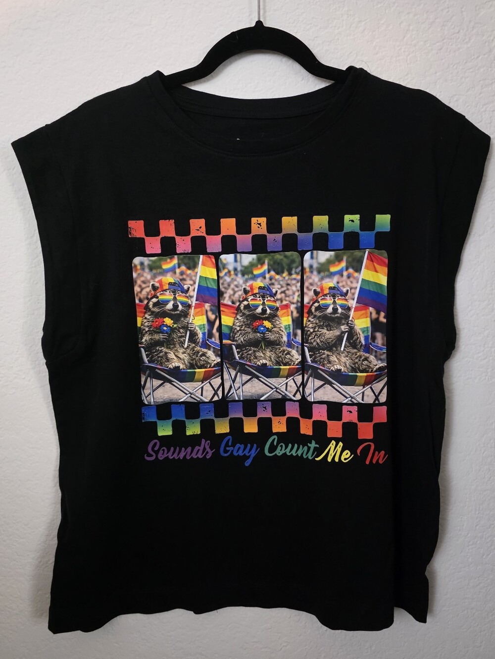 a new day Black Tank Top with Rainbow Pride Raccoon Graphic